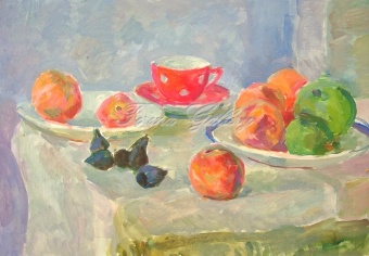 Натюрморт с яблоками и красной чашкой